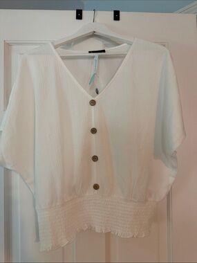 White Button-Front V-Neck Blouse with Smocked Hem. NWT